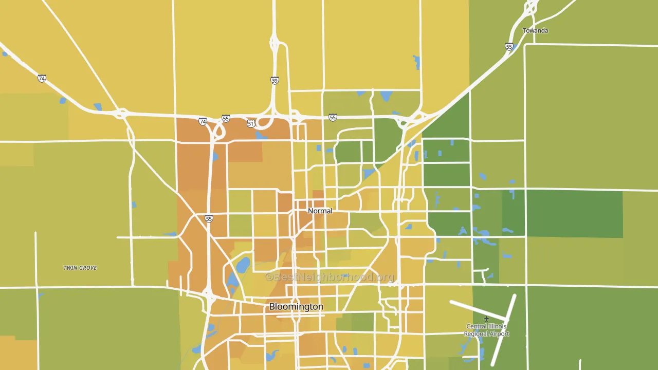 Map of the best neighborhoods in the 61761 area, with better matches in green and worse matches in red