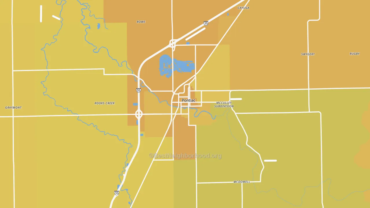 Map of the best neighborhoods in the 61764 area, with better matches in green and worse matches in red