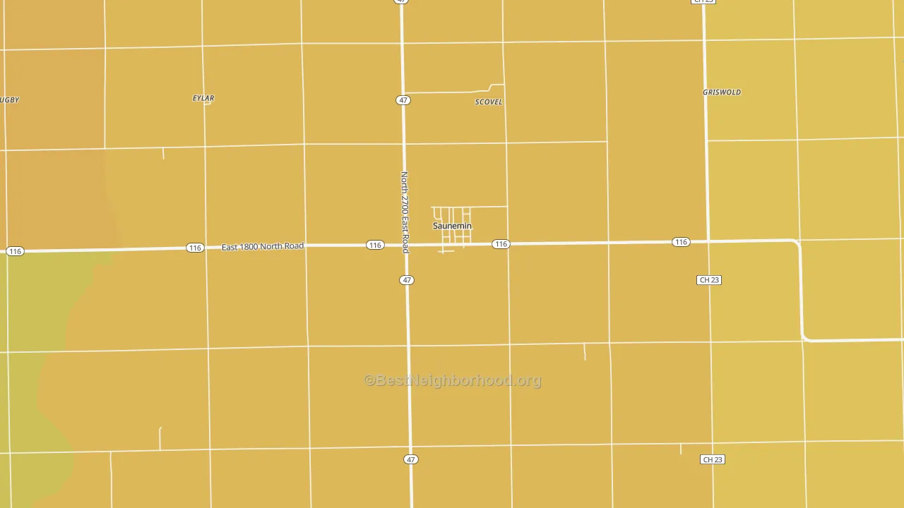 Map of the best neighborhoods in the 61769 area, with better matches in green and worse matches in red