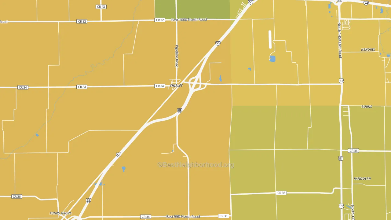 Map of the best neighborhoods in the 61772 area, with better matches in green and worse matches in red