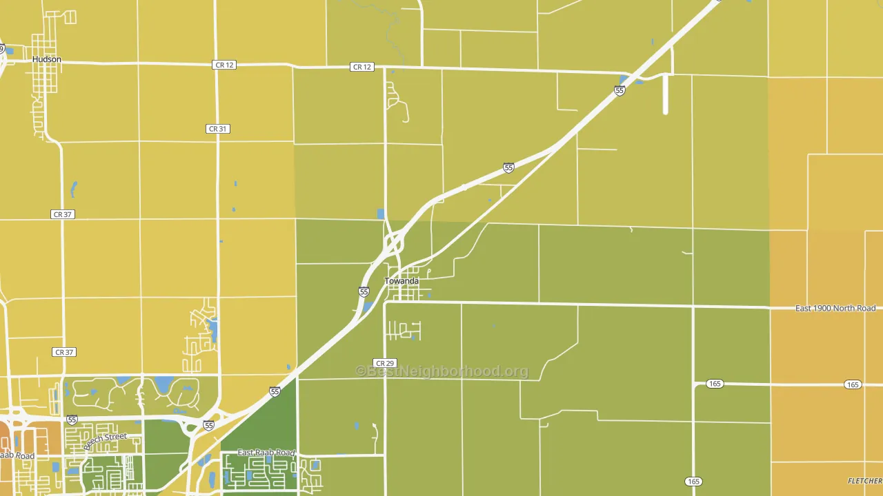 Map of the best neighborhoods in the 61776 area, with better matches in green and worse matches in red