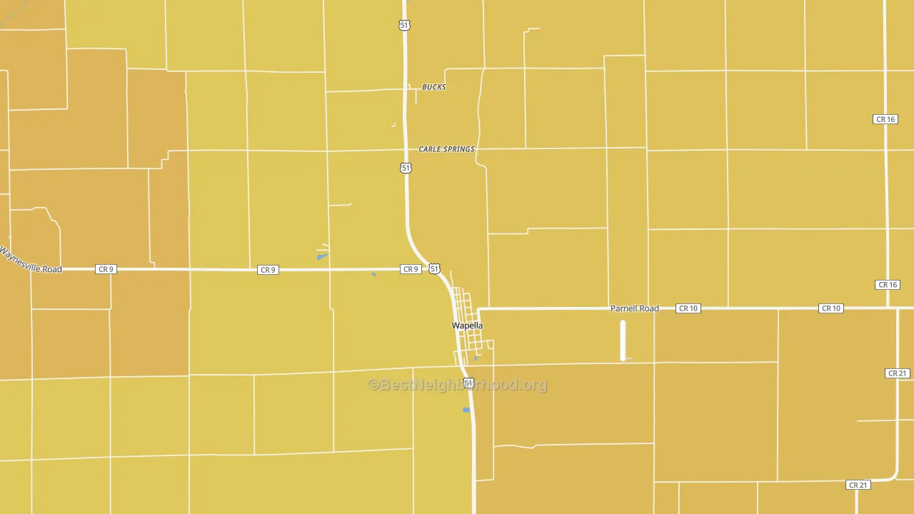 Map of the best neighborhoods in the 61777 area, with better matches in green and worse matches in red