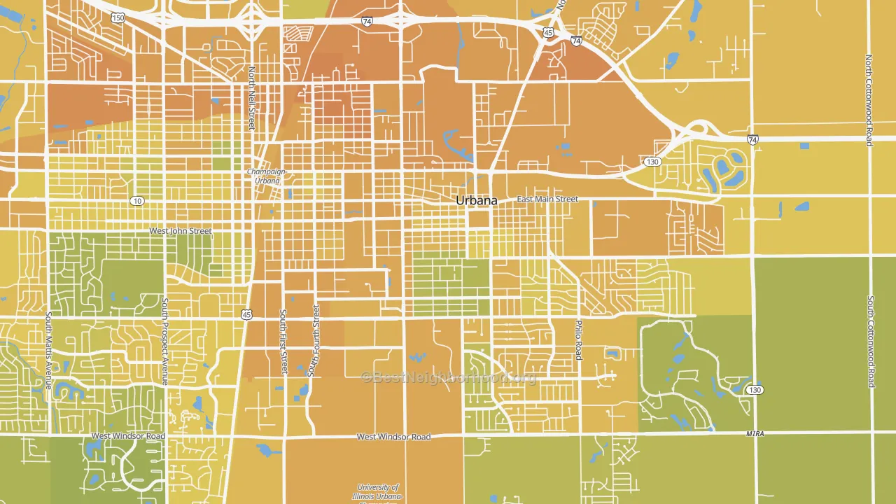 Map of the best neighborhoods in the 61801 area, with better matches in green and worse matches in red