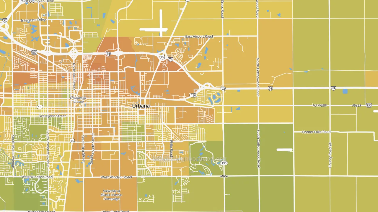 Map of the best neighborhoods in the 61802 area, with better matches in green and worse matches in red
