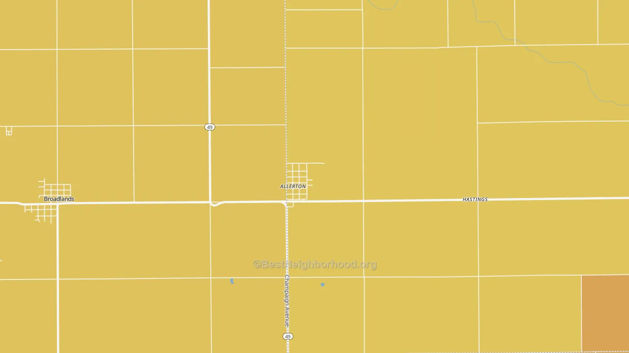 Map of the best neighborhoods in the 61810 area, with better matches in green and worse matches in red