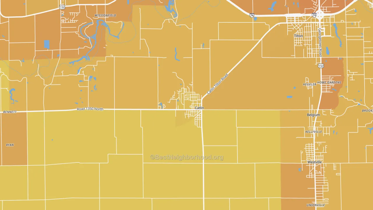 Map of the best neighborhoods in the 61817 area, with better matches in green and worse matches in red