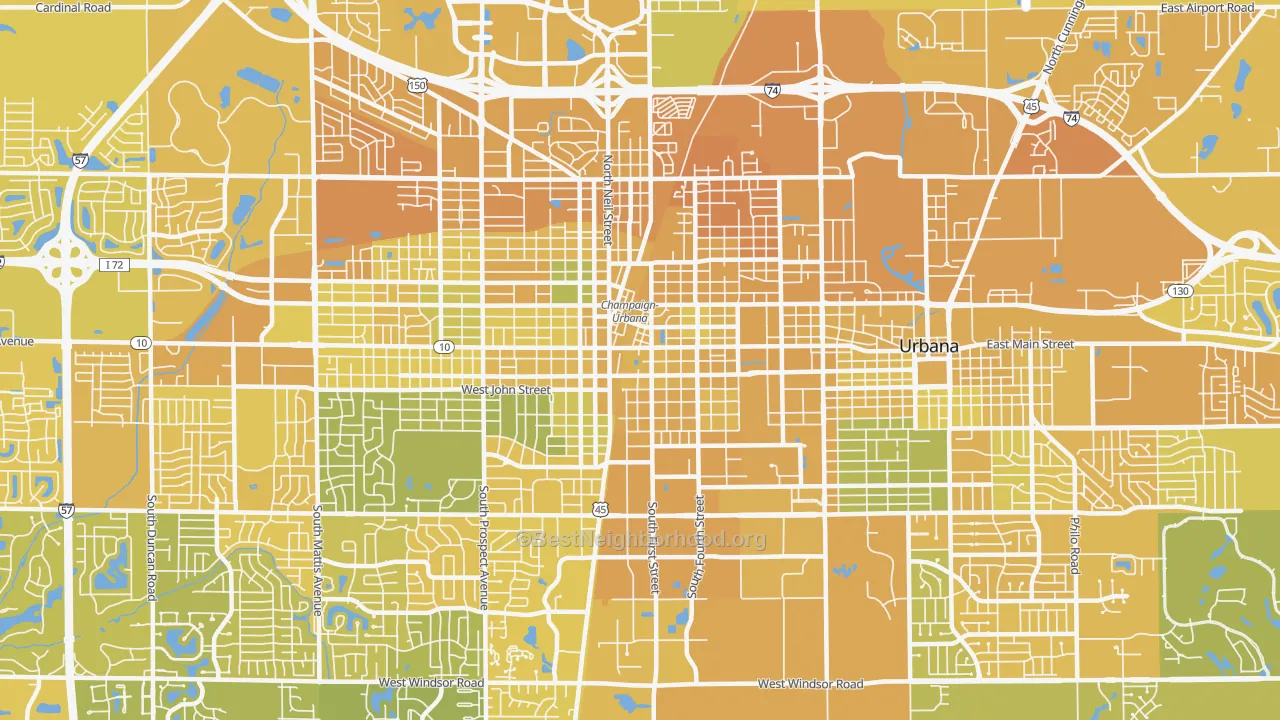 Map of the best neighborhoods in the 61820 area, with better matches in green and worse matches in red