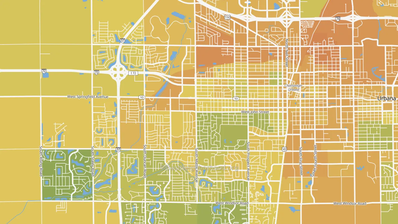 Map of the best neighborhoods in the 61821 area, with better matches in green and worse matches in red