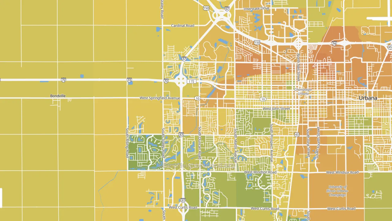 Map of the best neighborhoods in the 61822 area, with better matches in green and worse matches in red