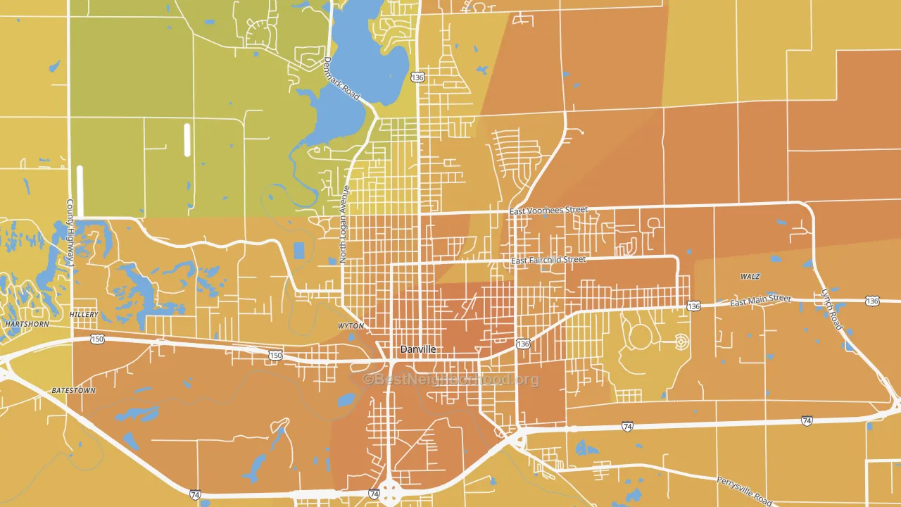 Map of the best neighborhoods in the 61832 area, with better matches in green and worse matches in red
