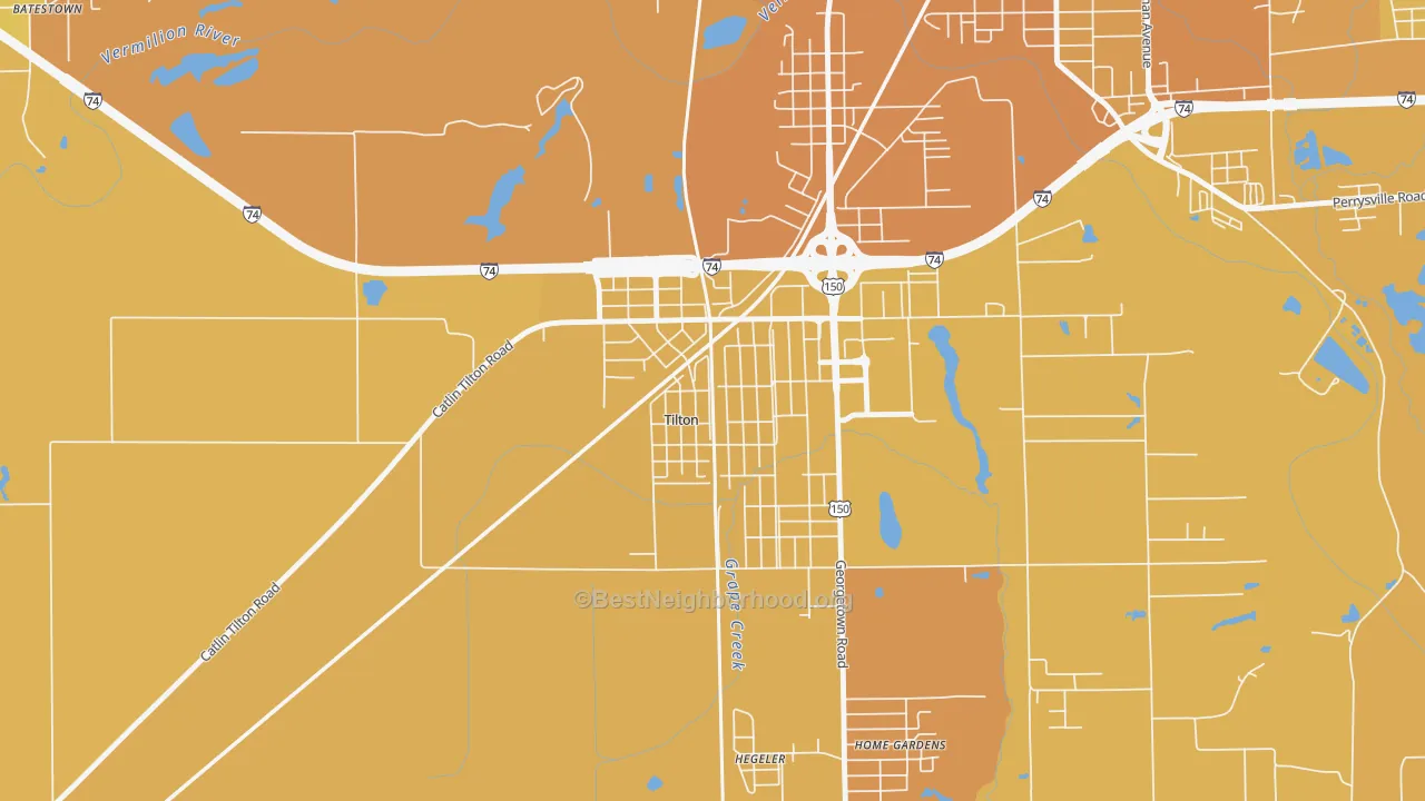 Map of the best neighborhoods in the 61833 area, with better matches in green and worse matches in red