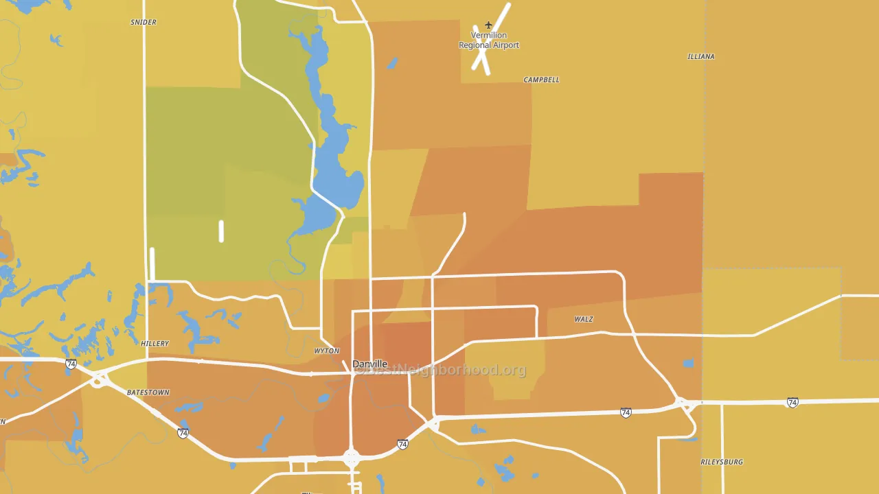 Map of the best neighborhoods in the 61834 area, with better matches in green and worse matches in red
