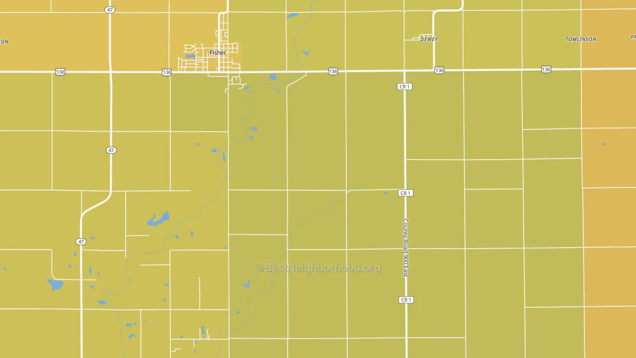 Map of the best neighborhoods in the 61840 area, with better matches in green and worse matches in red