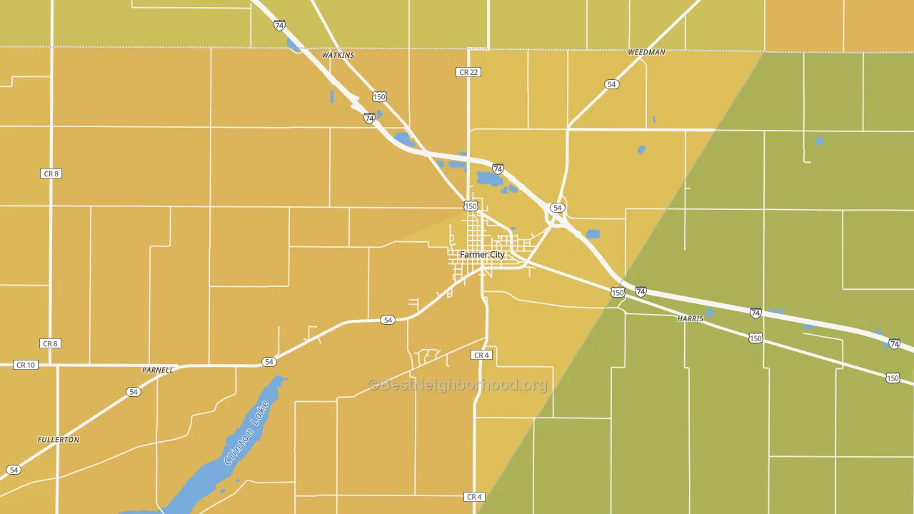 Map of the best neighborhoods in the 61842 area, with better matches in green and worse matches in red