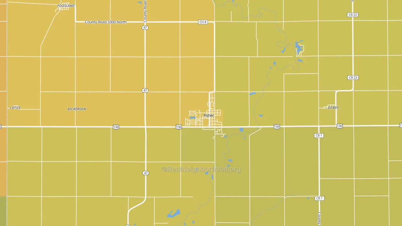 Map of the best neighborhoods in the 61843 area, with better matches in green and worse matches in red