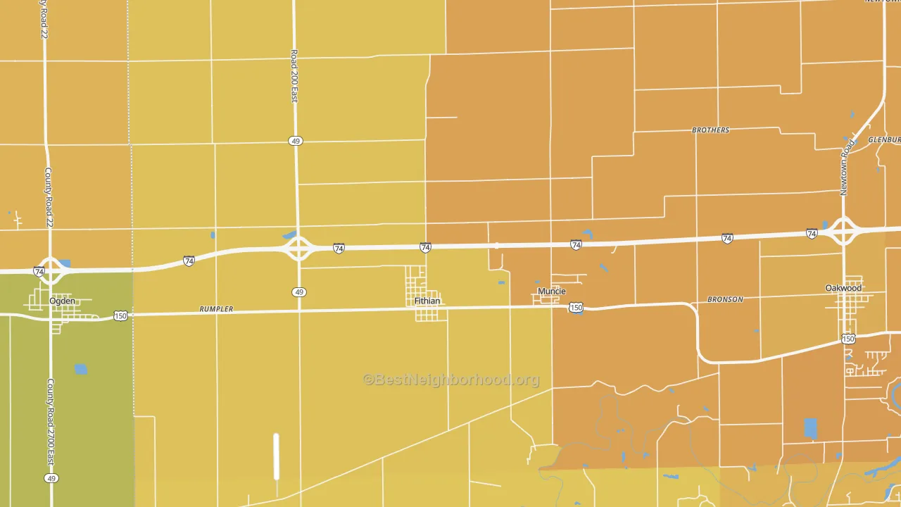 Map of the best neighborhoods in the 61844 area, with better matches in green and worse matches in red