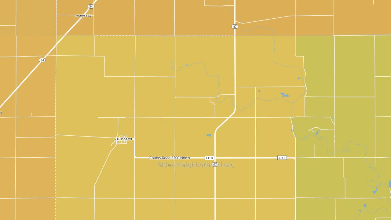 Map of the best neighborhoods in the 61845 area, with better matches in green and worse matches in red