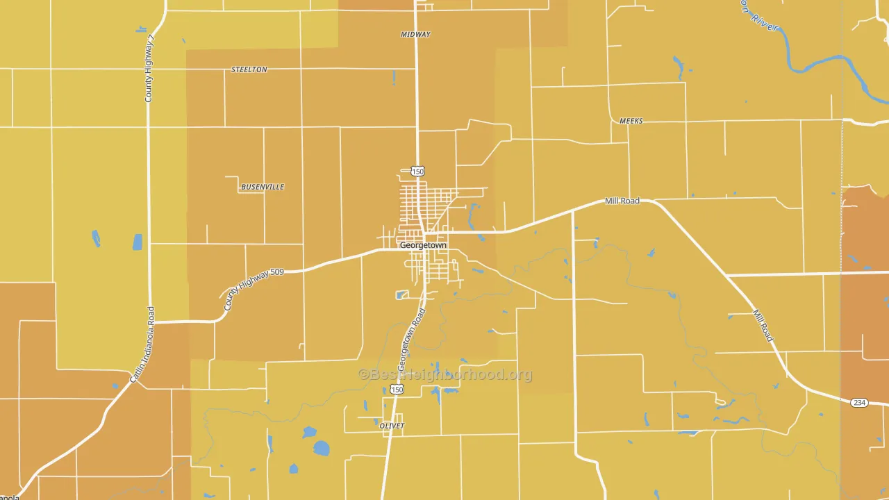 Map of the best neighborhoods in the 61846 area, with better matches in green and worse matches in red