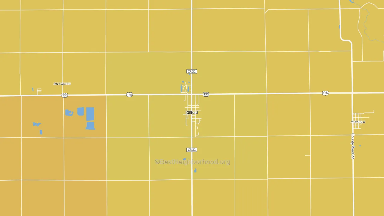 Map of the best neighborhoods in the 61847 area, with better matches in green and worse matches in red
