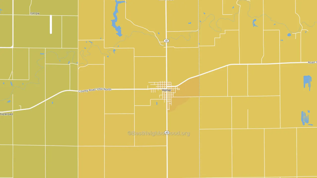 Map of the best neighborhoods in the 61849 area, with better matches in green and worse matches in red