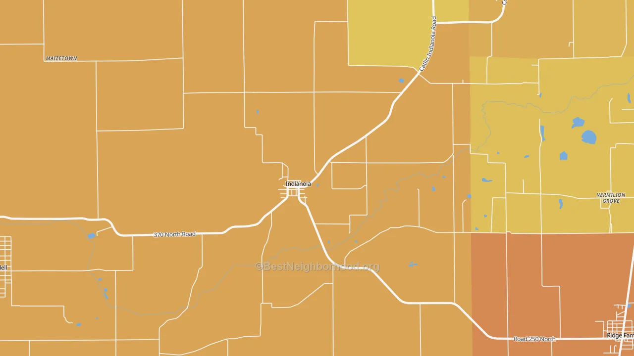 Map of the best neighborhoods in the 61850 area, with better matches in green and worse matches in red
