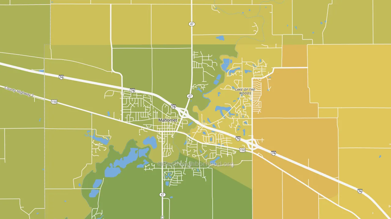 Map of the best neighborhoods in the 61853 area, with better matches in green and worse matches in red