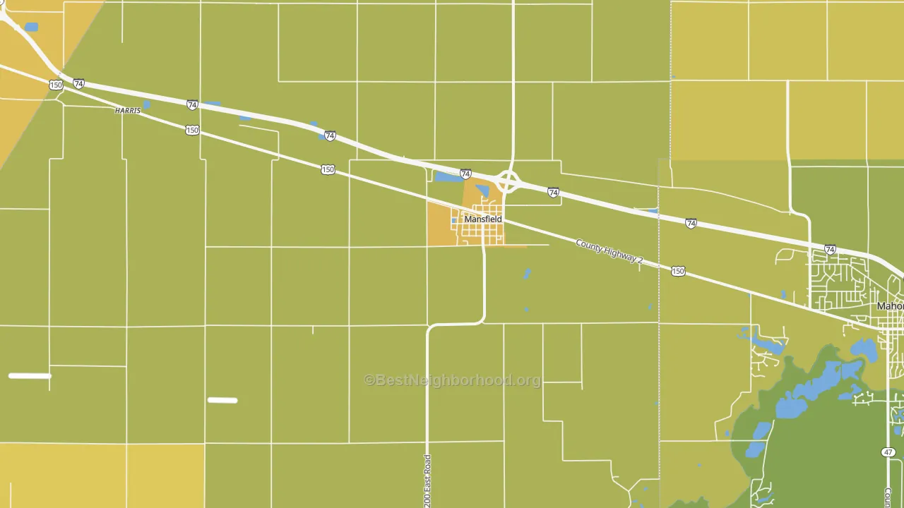 Map of the best neighborhoods in the 61854 area, with better matches in green and worse matches in red