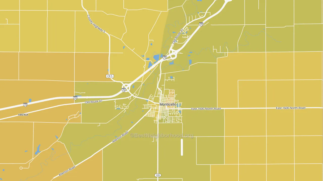 Map of the best neighborhoods in the 61856 area, with better matches in green and worse matches in red