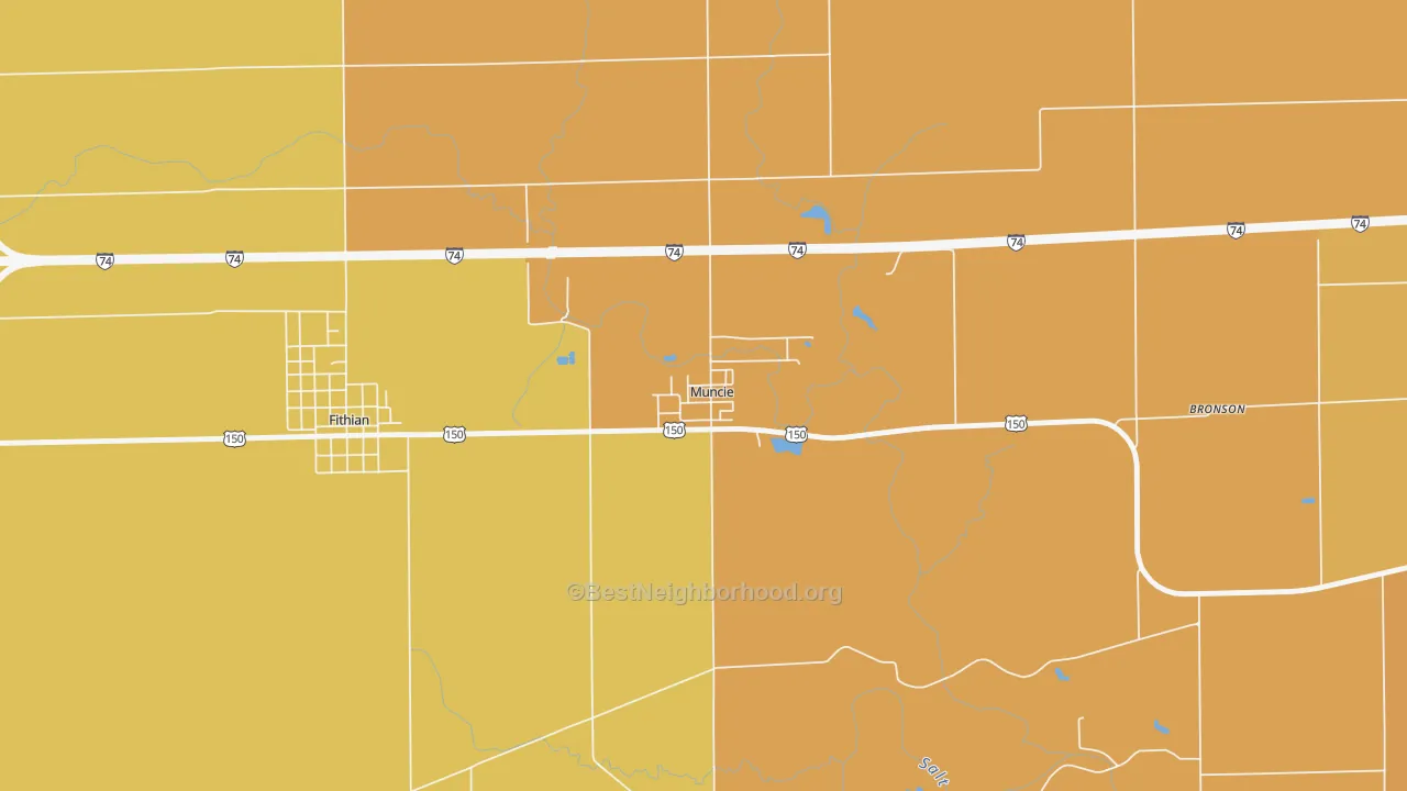 Map of the best neighborhoods in the 61857 area, with better matches in green and worse matches in red