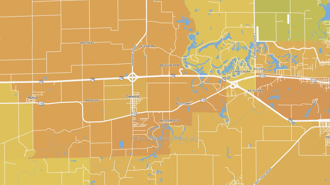 Map of the best neighborhoods in the 61858 area, with better matches in green and worse matches in red