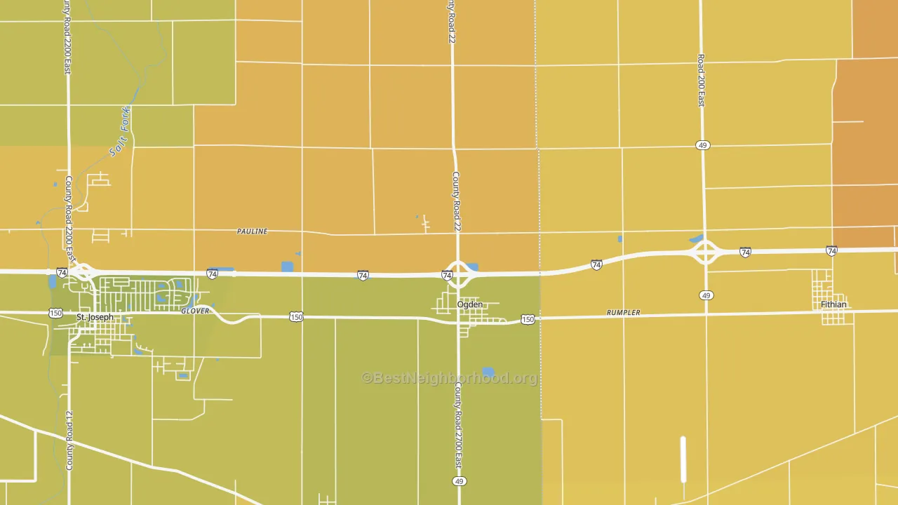 Map of the best neighborhoods in the 61859 area, with better matches in green and worse matches in red