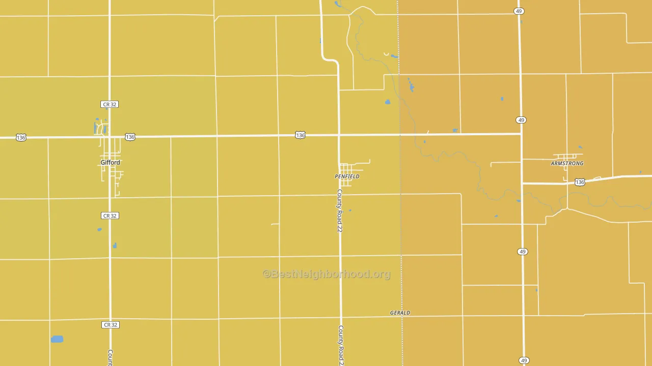 Map of the best neighborhoods in the 61862 area, with better matches in green and worse matches in red