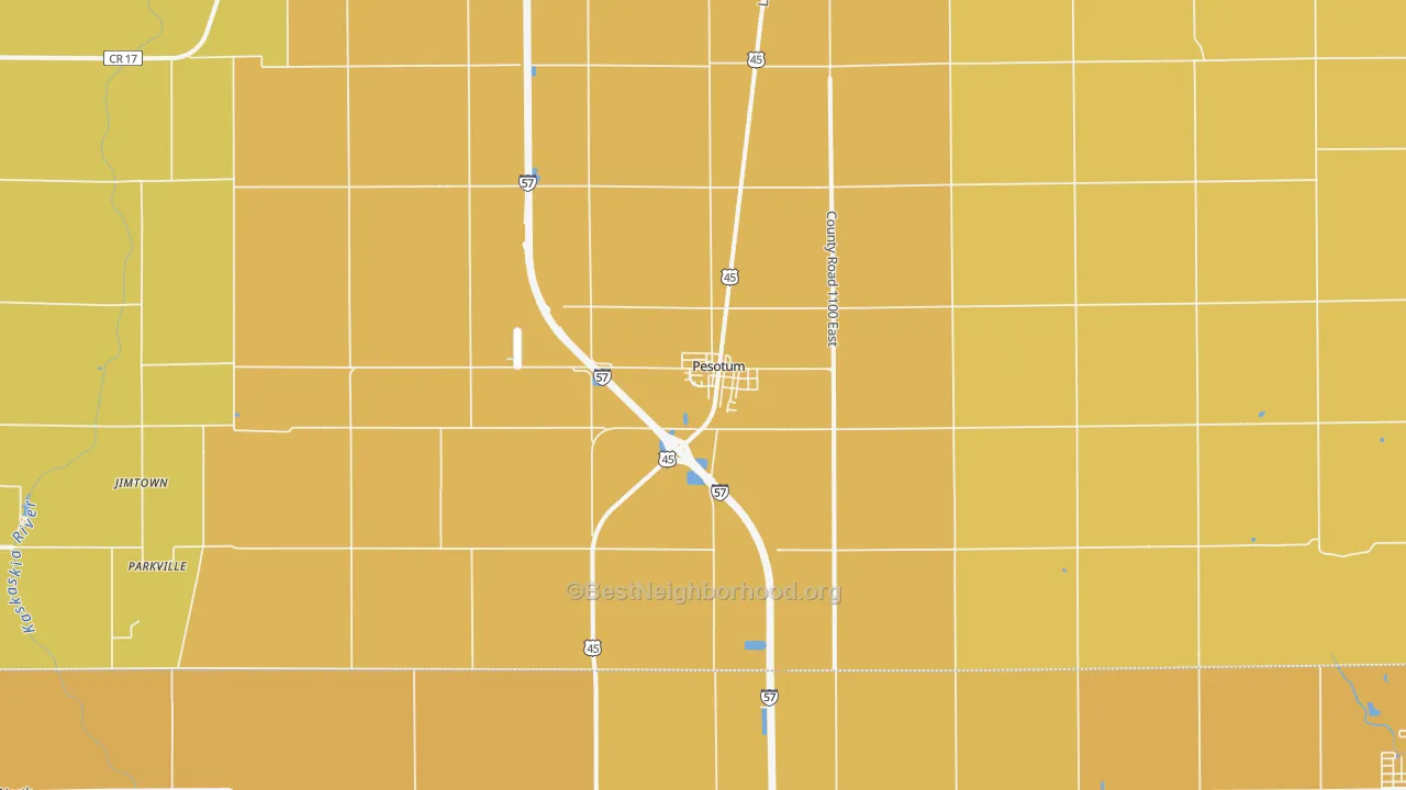 Map of the best neighborhoods in the 61863 area, with better matches in green and worse matches in red