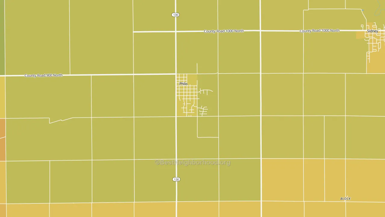 Map of the best neighborhoods in the 61864 area, with better matches in green and worse matches in red