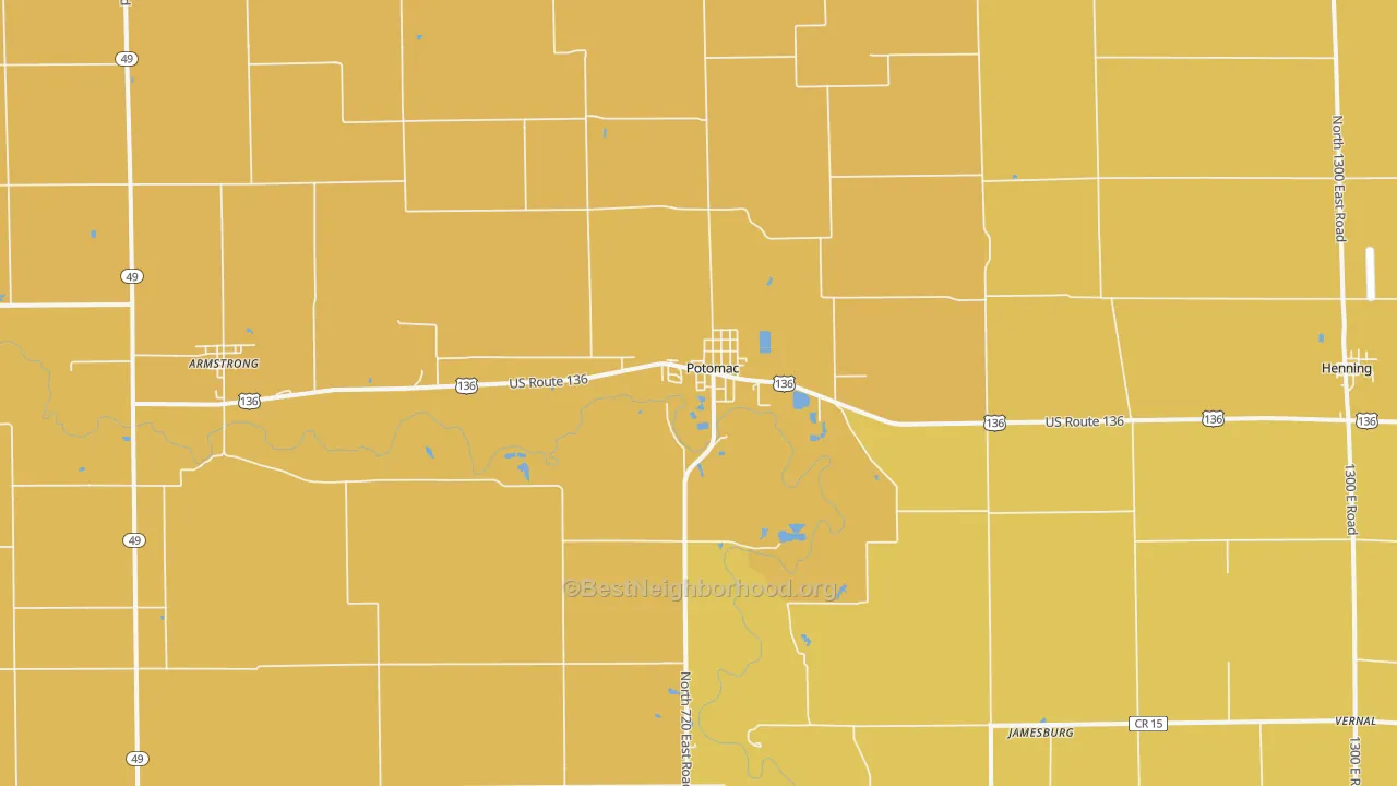 Map of the best neighborhoods in the 61865 area, with better matches in green and worse matches in red
