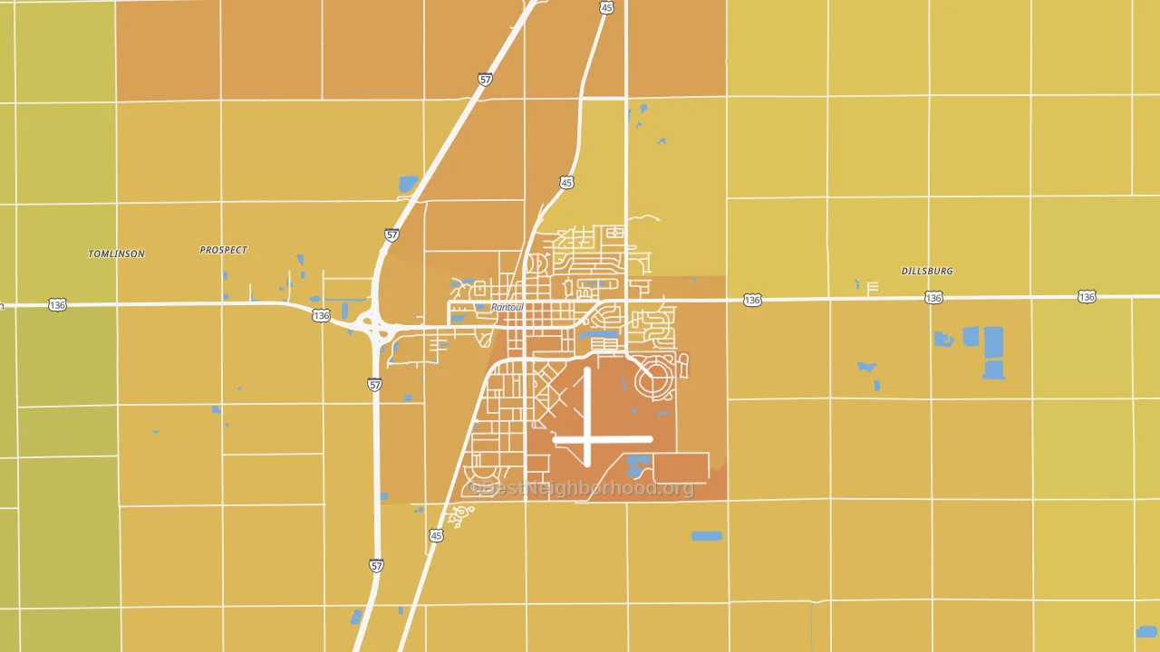 Map of the best neighborhoods in the 61866 area, with better matches in green and worse matches in red