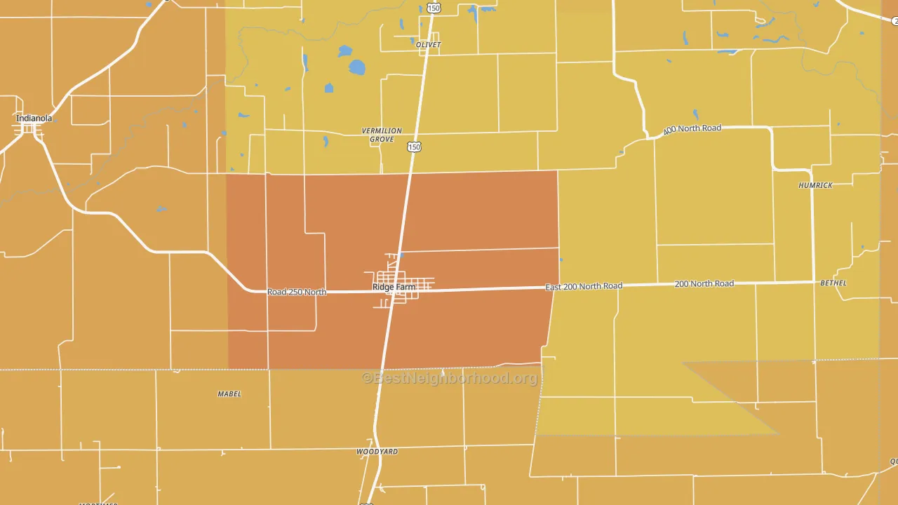 Map of the best neighborhoods in the 61870 area, with better matches in green and worse matches in red