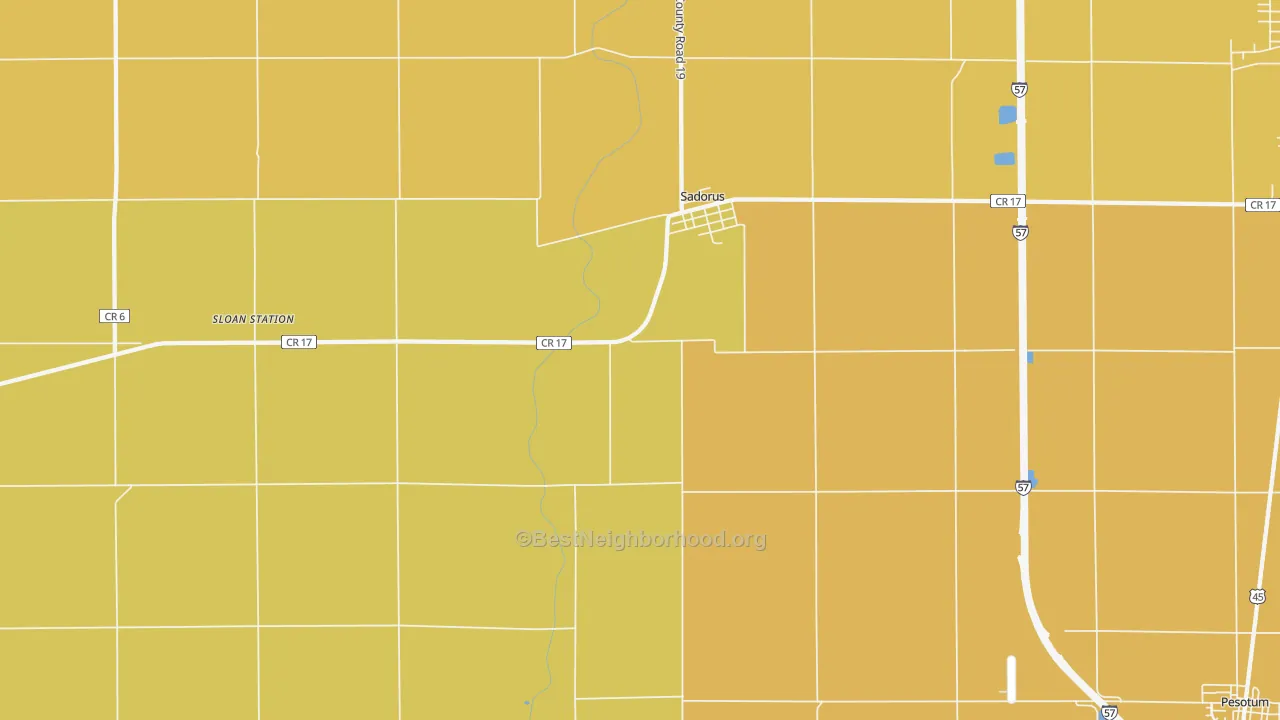 Map of the best neighborhoods in the 61872 area, with better matches in green and worse matches in red