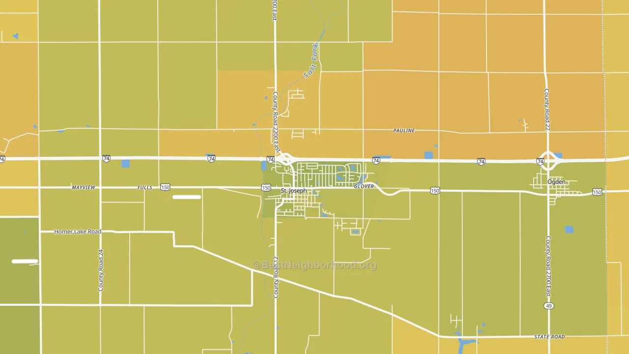 Map of the best neighborhoods in the 61873 area, with better matches in green and worse matches in red