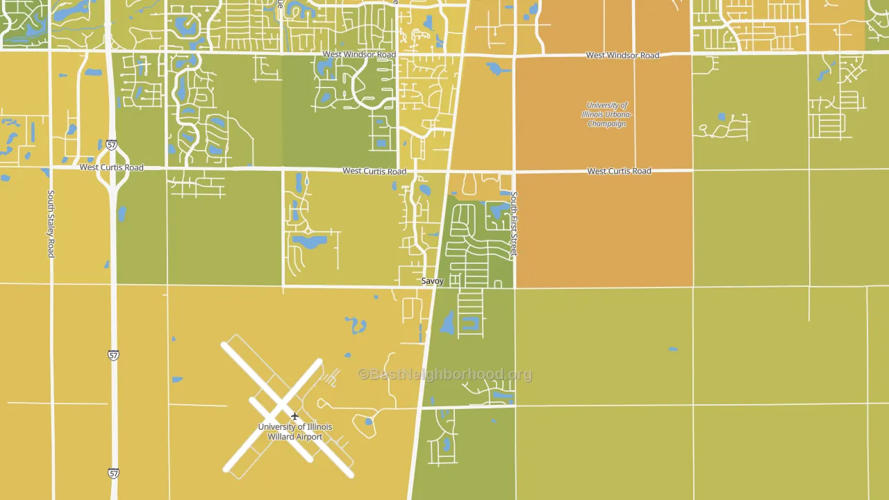 Map of the best neighborhoods in the 61874 area, with better matches in green and worse matches in red