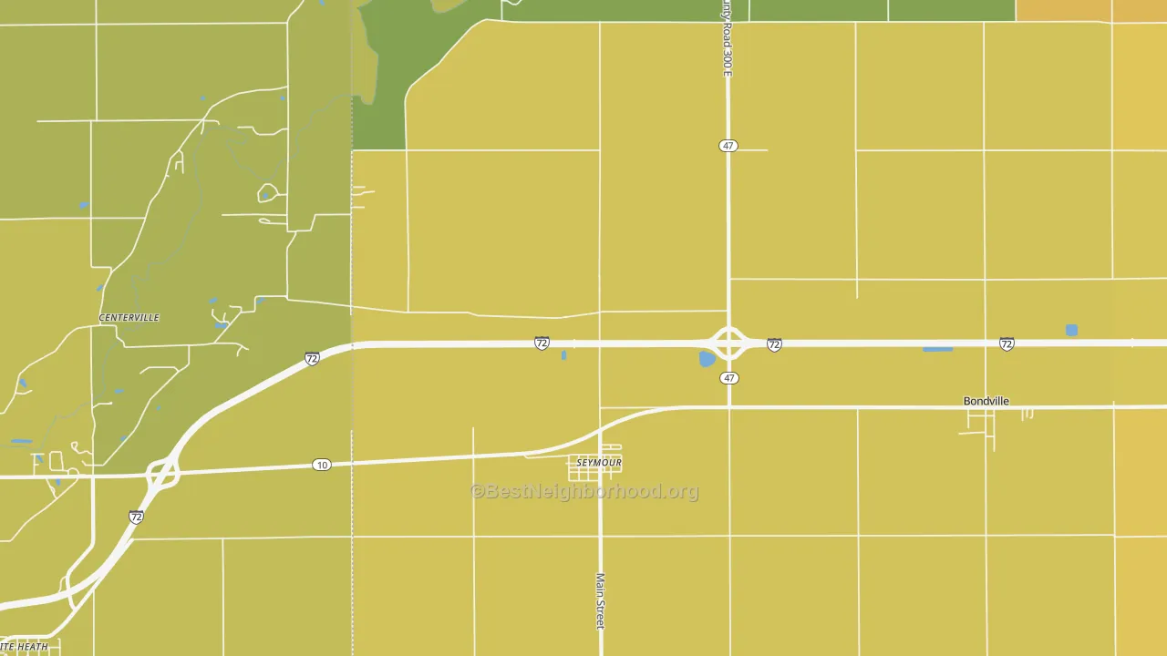 Map of the best neighborhoods in the 61875 area, with better matches in green and worse matches in red