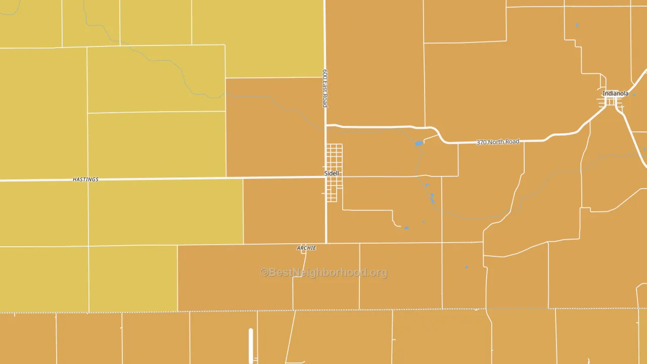 Map of the best neighborhoods in the 61876 area, with better matches in green and worse matches in red