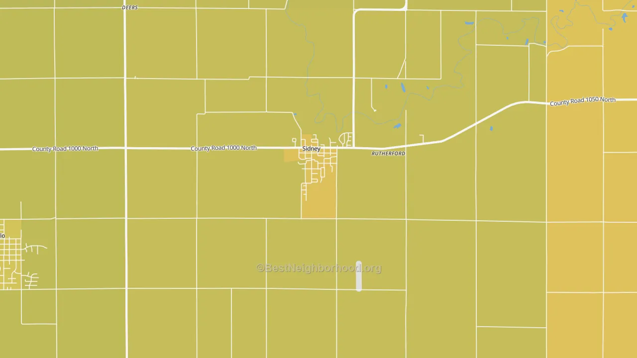Map of the best neighborhoods in the 61877 area, with better matches in green and worse matches in red