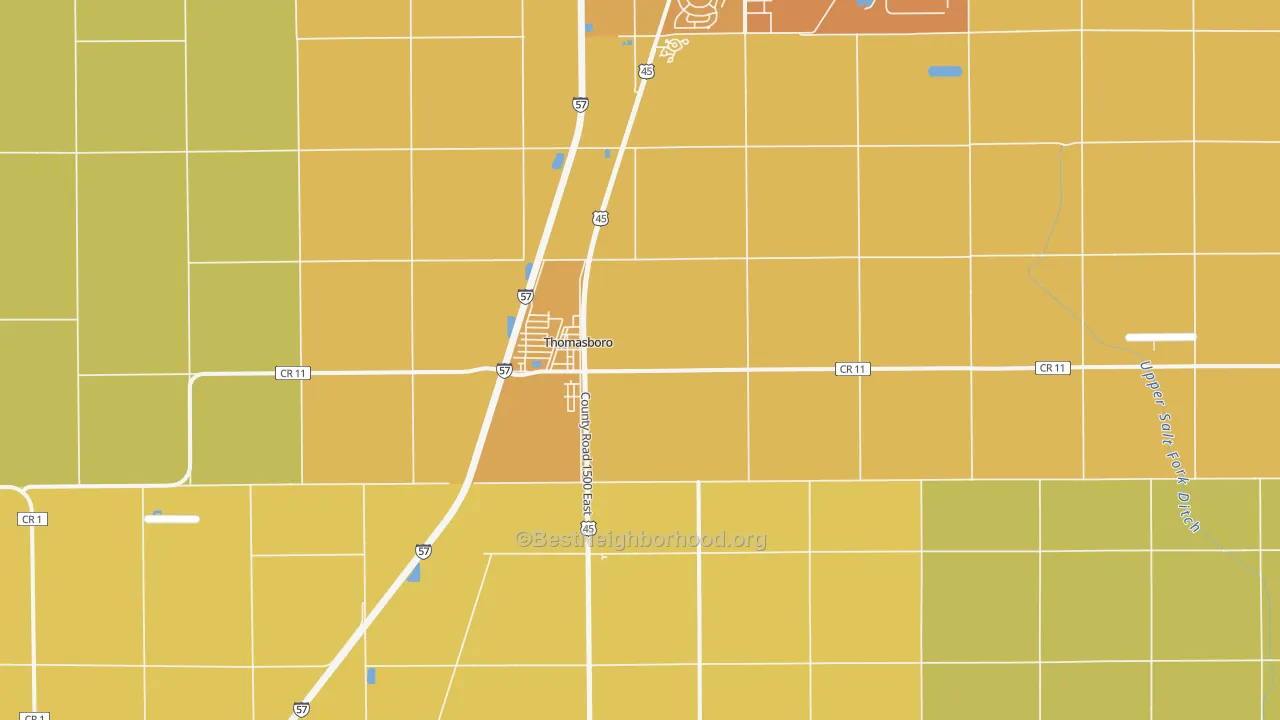 Map of the best neighborhoods in the 61878 area, with better matches in green and worse matches in red