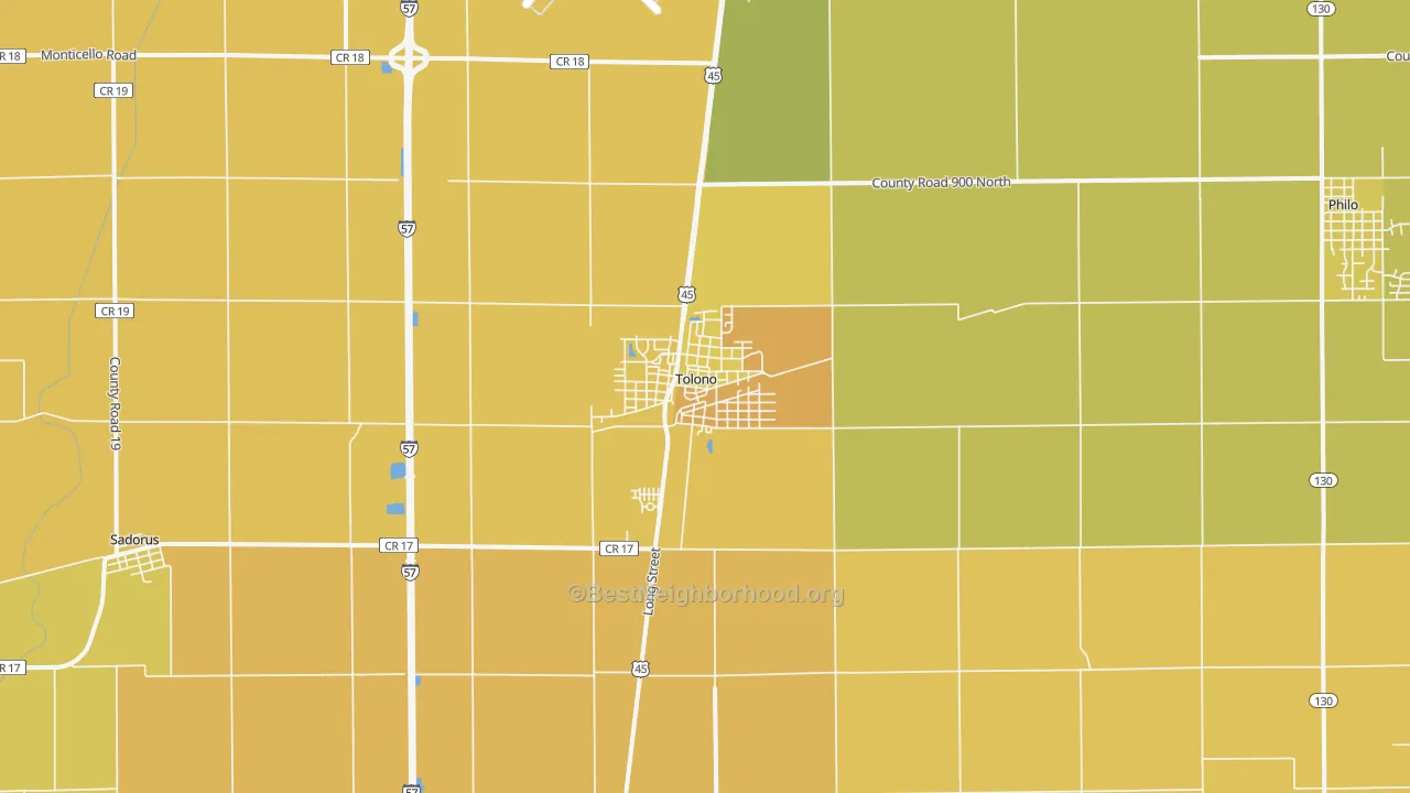 Map of the best neighborhoods in the 61880 area, with better matches in green and worse matches in red