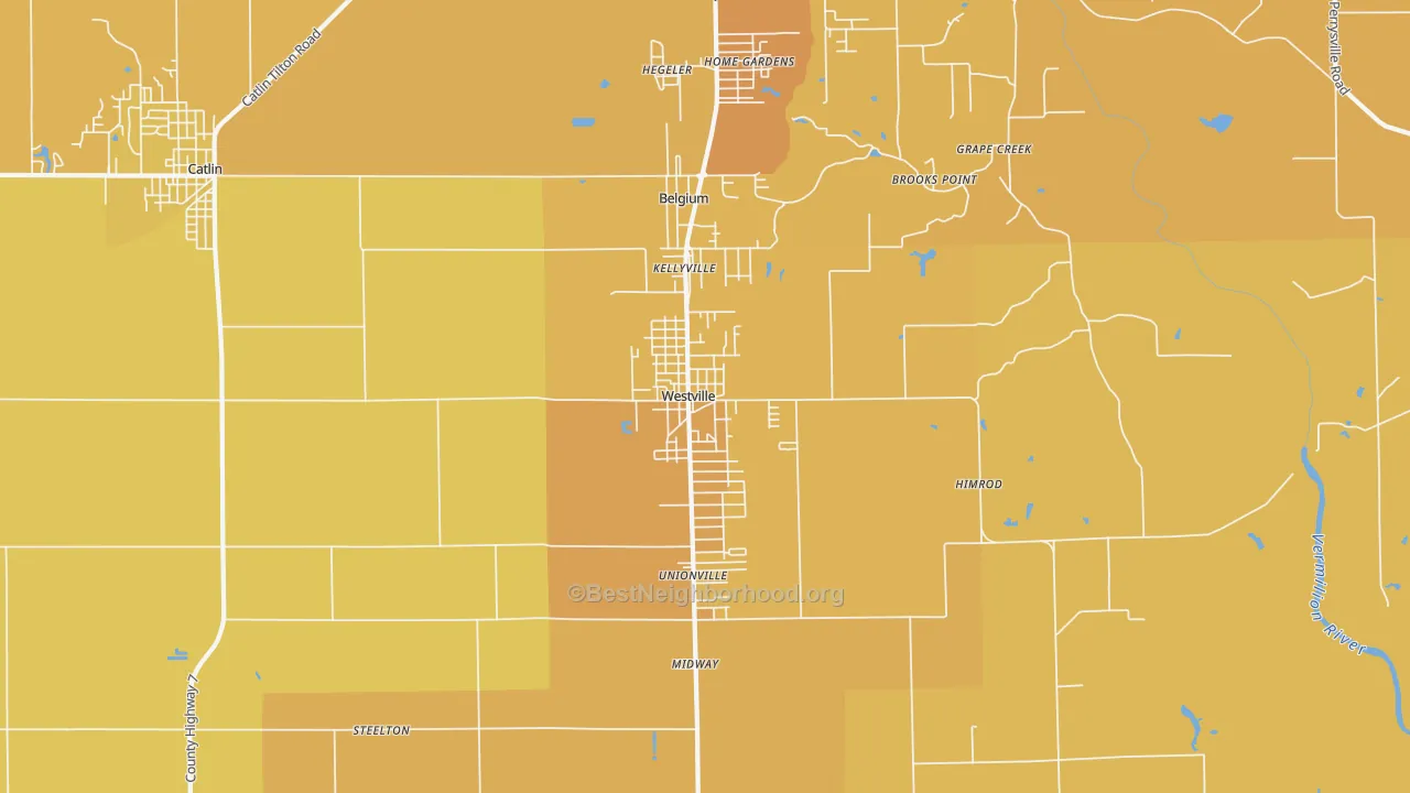 Map of the best neighborhoods in the 61883 area, with better matches in green and worse matches in red