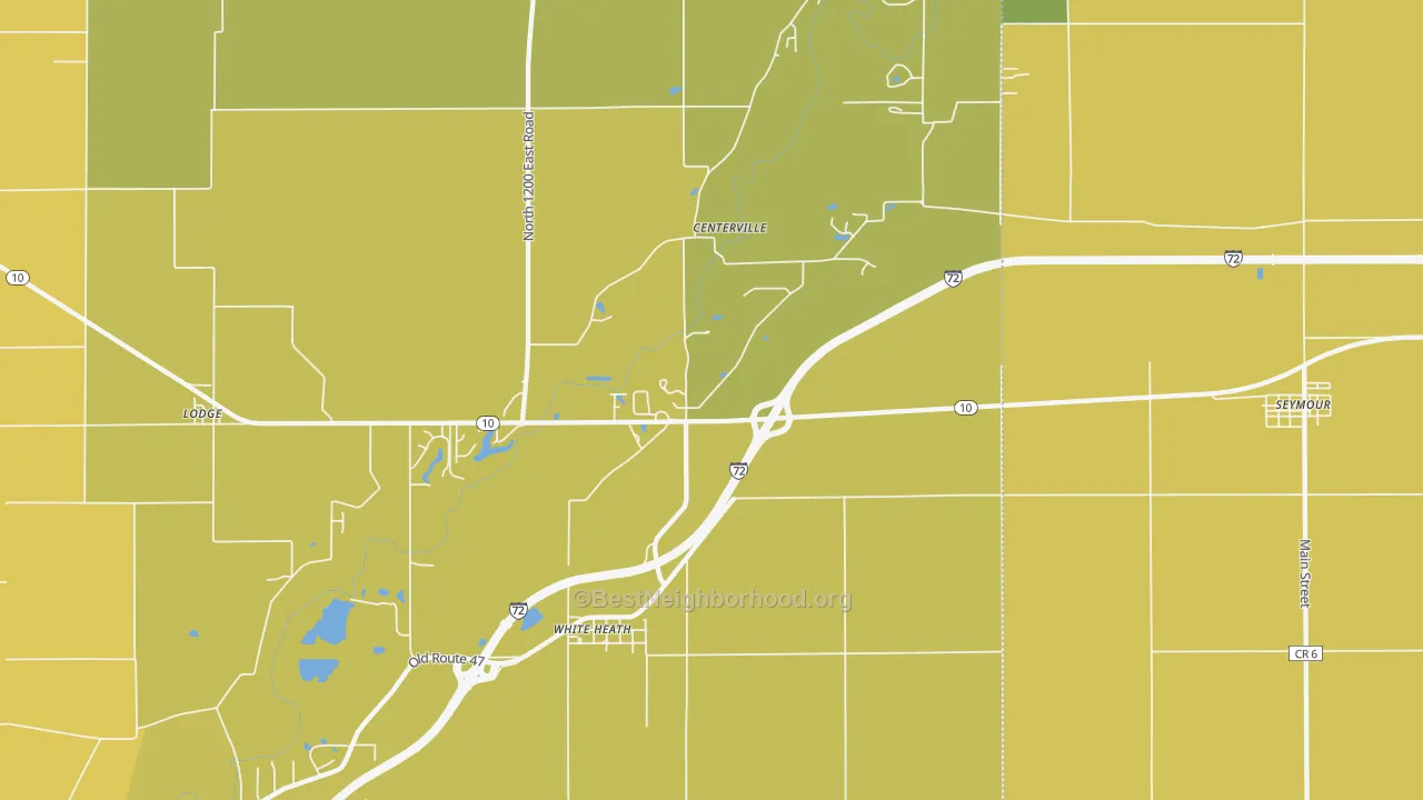 Map of the best neighborhoods in the 61884 area, with better matches in green and worse matches in red