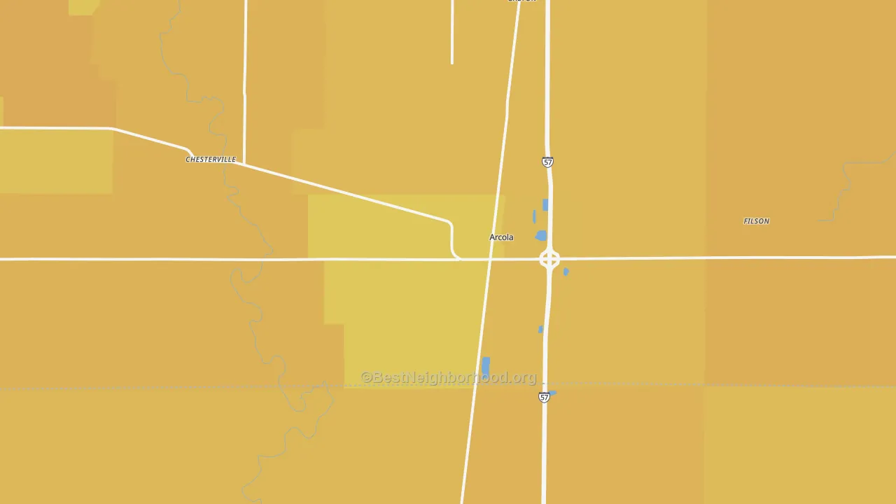 Map of the best neighborhoods in the 61910 area, with better matches in green and worse matches in red