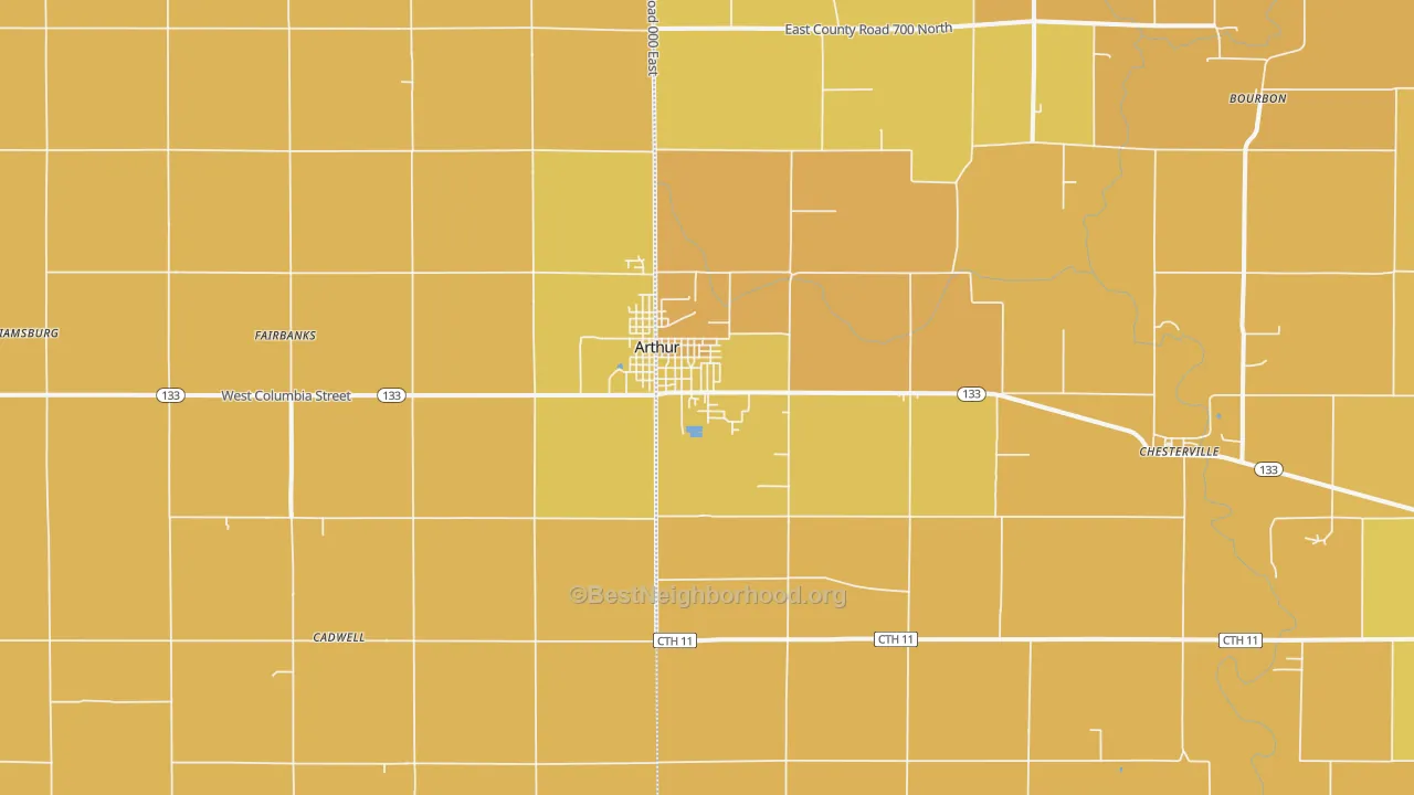 Map of the best neighborhoods in the 61911 area, with better matches in green and worse matches in red
