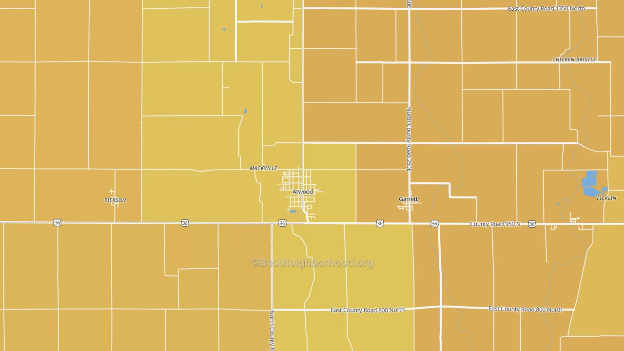 Map of the best neighborhoods in the 61913 area, with better matches in green and worse matches in red